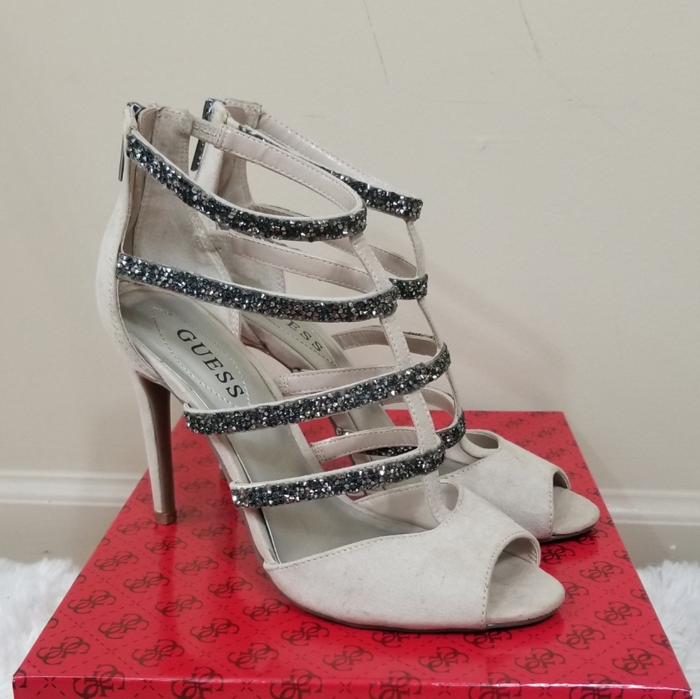 Guess Halston nude embellished strappy heels sandals